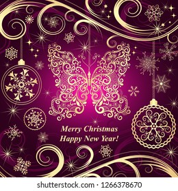 Purple gradient Christmas frame with vintage gold butterfly and tree balls and snowflakes, eps 8