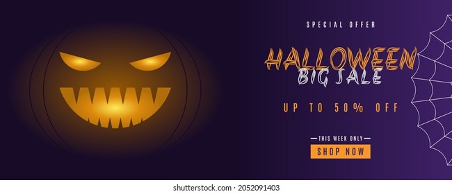 Purple gradient color Halloween sale background with pumpkin and spider web elements. Very suitable for banner, poster, flyer, advertising, etc