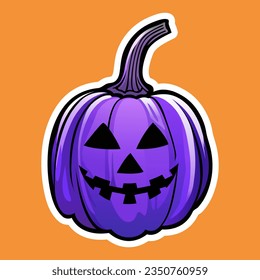 Purple Farbverlauf Halloween Kürbis mit weißer Umrisslinie und Vektorgrafik des Gesichts auf orangefarbenem Hintergrund für Aufkleber Pack. Halloween-Nachtparty-Konzept. Feiertagskartographie, Farbverlauf