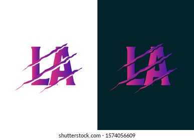 Purple gradient LA letter template logo design with scratch effect