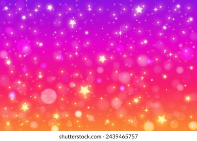 Violetter Himmel mit Gefälle. Hellrosa Flüssigkeit Hintergrund mit Sternen. Lebendige mehrfarbige Neontapete mit Glitzer. Vektor verträumte Illustration.
