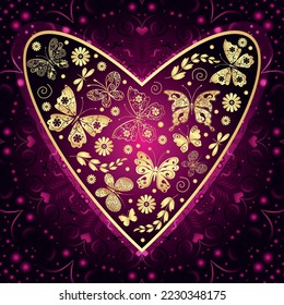 Purple gradient Valentines frame with big red  heart and golden butterflies. Vector