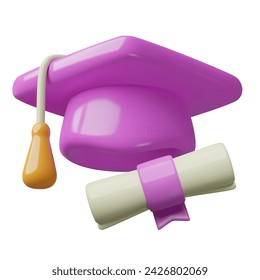 Purple graduation cap and diploma scroll 3d icon. Three dimensional minimal cute glossy plastic education concept vector illustration.