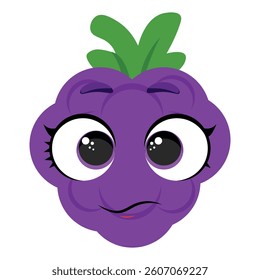 Purple grape with cute expression and green leaves, ideal for childrens products, food packaging, menu design, healthy snacks, and educational visuals