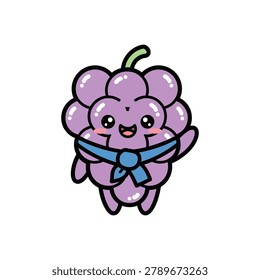 Purple grape mascot with blue ribbon