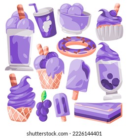 Purple grape taro sweets cake ice cream and beverages cartoon illustration set collection