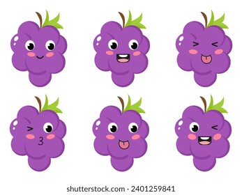 Purple grapes with kawaii eyes. Grapes with different emotions. Flat vector illustration of purple grapes
on a white background. Educational cards for children