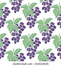 Vector de uvas moradas sin soldadura. Fondo con ramas de uva con hojas. Imprimir para papel, embalaje y diseño. Plantilla con ilustración de bayas