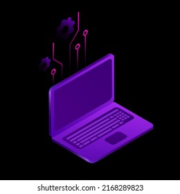 Purple Graphic Laptop. Isolated Futuristic PC on Black Background. Vector illustration