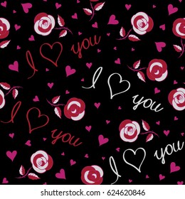 Purple, gray and red hearts, love text and roses seamless pattern on black. Vector Valentine Day design for cards. Hand drawn sketch heart art of marker or felt-tip pen drawing for Valentines card.