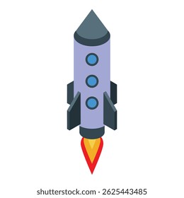 Purple and gray spaceship is launching into space, leaving a trail of fire behind it