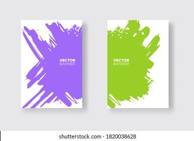 Conjunto de diseño abstracto púrpura y verde. Pintura de tinta en el folleto, elemento monocromo aislado en blanco. Pinturas de pancartas de color. Composición simple. Tinta líquida. Fondo del cartel, tarjeta, cartel