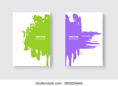 Purple and green abstract design set. Ink paint on brochure, Monochrome element isolated on white. Grunge banner paints. Simple composition. Liquid ink. Background for banner, card, poster, identty