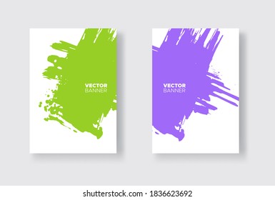 Purple and green abstract design set. Ink paint on brochure, Monochrome element isolated on white. Grunge banner paints. Simple composition. Liquid ink. Background for banner, card, poster, web