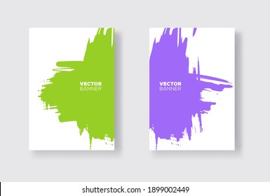 Purple and green abstract design set. Ink paint on brochure, Monochrome element isolated on white. Grunge banner paints. Simple composition. Liquid ink. Background for banner, card, poster, identity