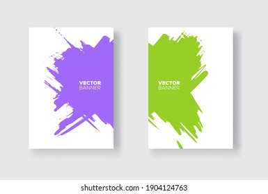 Conjunto de diseño abstracto púrpura y verde. Pintura de tinta en el folleto, elemento monocromo aislado en blanco. Pinturas de pancartas de color. Composición simple. Tinta líquida. Antecedentes de banner, tarjeta, afiche, identidad