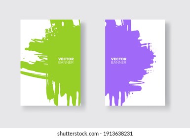 Abstraktes, violettes und grünes Design. Tinte auf Broschüre, einfarbiges Element einzeln auf Weiß. farbige Grunge-Banner-Farben. Einfache Komposition. Flüssigkeitsfarbe. Hintergrund für Banner, Karte, Poster, Identität