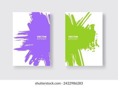 Purple and green abstract design set. Ink paint on brochure, Monochrome element isolated on white. Grunge banner paints. Simple composition. Liquid ink. Background for banner, card, poster, identity