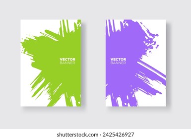 Purple and green abstract design set. Ink paint on brochure, Monochrome element isolated on white. Grunge banner paints. Simple composition. Liquid ink. Background for banner, card, poster, identity,w