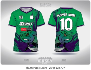 Purple green angry fish pattern design, illustration, textile background for sports t-shirt, football jersey shirt mockup for football club. consistent front view