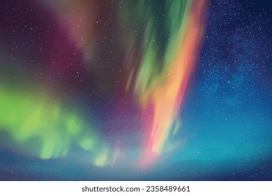 Purple green aurora borealis. Bright polar lights in night starry sky