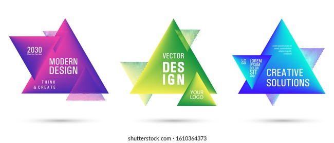 Purple green blue triangle banners with halftone patterns on white background. Vector triangular geometric gradient shapes overlap banners set design. Abstract shapes composition. Triangle templates.