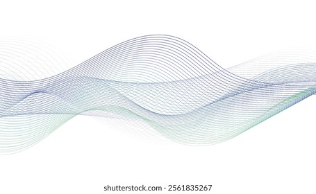 Purple green blue wavy tech lines abstract white background illustration. Concept of technology, digital, communication, science, music vector illustration	