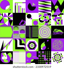 Purple and green brutalism patterns, pattern grid compilation, grid and block layout, creative pattern designs, neon colored patterns, geometric brutalism patterns, vibrant design compilation.