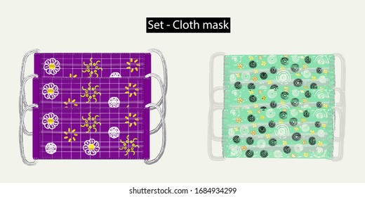 Purple and green cloth mask set On a white background