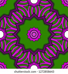 Purple,, green color Floral Geometric Pattern With Hand-Drawing Mandala. Seamless vector Illustration. For Fabric, Textile.