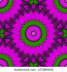 Purple,, green color Floral Geometric Pattern With Hand-Drawing Mandala. Seamless vector Illustration. For Fabric, Textile.