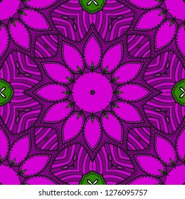 Purple,, green color Floral Geometric Pattern With Hand-Drawing Mandala. Seamless vector Illustration. For Fabric, Textile.