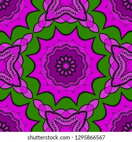 Purple,, green color Floral Geometric Pattern With Hand-Drawing Mandala. Seamless vector Illustration. For Fabric, Textile.