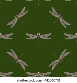 Purple green dragonfly seamless pattern on green background. Fashion of summer. Template for prints, textile, wrapping and decoration, wallpaper. Vector illustration.