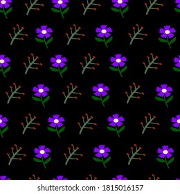purple, green floral elements seamless repeat pattern on black background