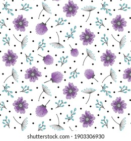 Purple, green flowers and black polka dots