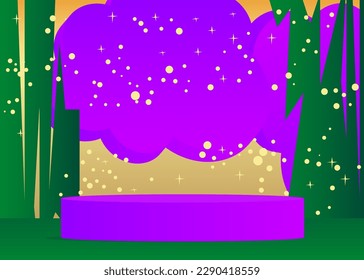 Purple, Green and Gold cylinder pedestal podium. Abstract stage showcase. Futuristic mockup product display for presentation. Minimal geometric forms, empty scene.