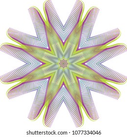 Purple and green guilloche feathery comb rosette with double layers creating a moire effect.