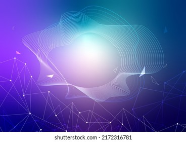 Purple And Green Low Polygon And Dynamic Wave Modern Abstract Background, Creativity And Innovation Concept, Futuristic Backdrop