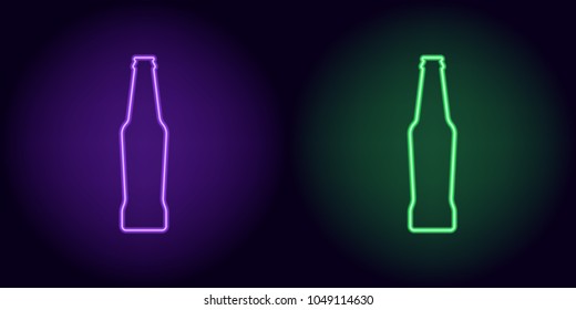 Purple and green neon beer bottle. Vector silhouette of neon bottle consisting of outline, with backlight on the dark background