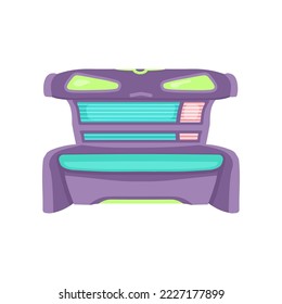Purple and green opened tanning bed cartoon illustration. Cosmetic procedure in spa salon, horizontal sunbathing machine or bed. Solarium, wellness, recreation, care, relaxation concept