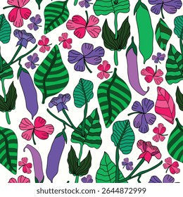 ervilhas roxas e verdes com belas flores ilustração padrão sem costura. vagens de ervilha roxa, verde com folhas coloridas, roxo, flores cor-de-rosa padrão desenhado à mão sem costura. É bom para tecido, têxtil