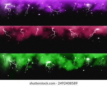 Efecto de tormenta de trueno púrpura, verde, rosa con relámpagos, golpes con diseño de borde de Vector de humo establecido. Nubes de tormenta realistas con destellos y destellos. Rayo brillante con niebla, vapor, vapor