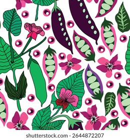 vagem de ervilhas-tortas roxas e verdes com flores cor-de-rosa e folhas com sementes de ervilha cor-de-rosa padrão sem costura. É bom para tecido, têxtil, embalagem, decorações, embalagem e muito mais.