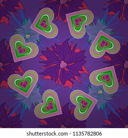 Purple, green and violet background. Stylish graphic design. Seamless abstract floral pattern. Geometric flower vector ornament.