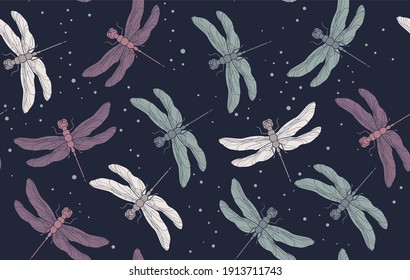 Purple green white blue dragonfly seamless pattern. Vintage retro illustration. Hand drawn vector illustration. Pattern in pastel tones. Pajama pattern design.