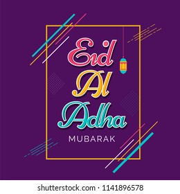 Purple greeting card design with sticker style text Eid-Al-Adha for festival celebration concept.