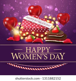 Purple greeting card for women's day with balloons in the form of a heart, a ribbon with congratulations and gift in the shape of a heart