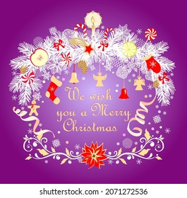 Purple greeting Christmas card with craft white wreath with hanging gold angels, jingle bell, sock, gingerbread, apple, lime, candle and poinsettia