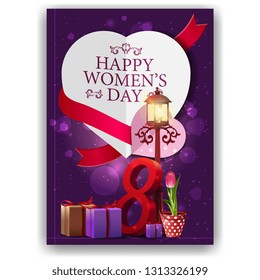 Purple greeting postcard for women's day with paper heart with ribbon with gifts with tulip in a bucket under a lantern